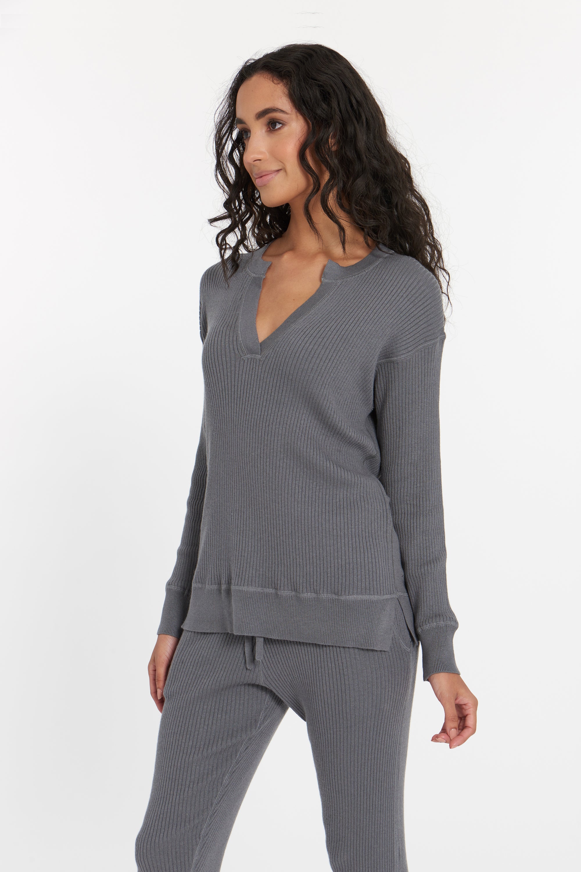 Granite Grey Cabo Cashmere Split Neck Top, var-23477379727418,var-23477379760186,var-23477379792954,var-23477379825722,var-23477379858490