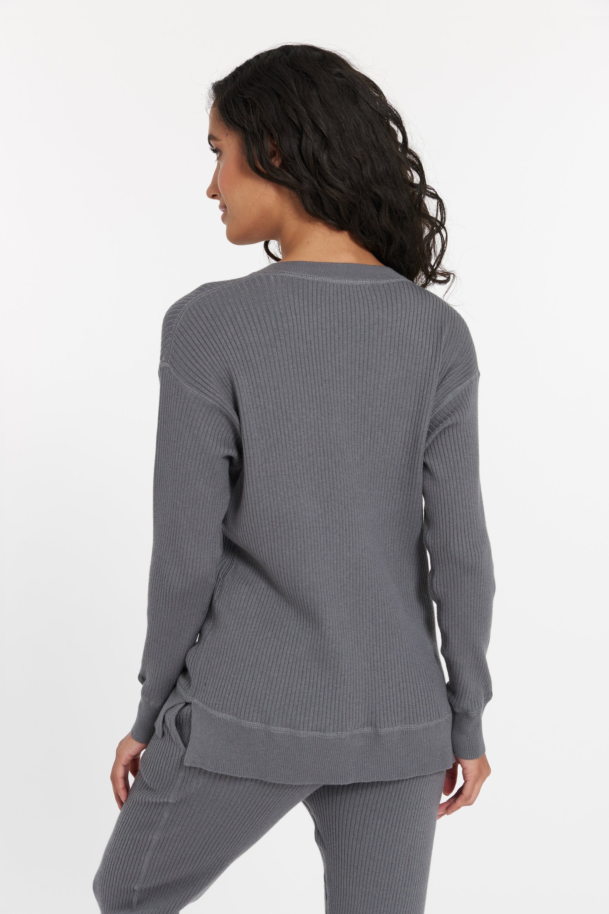 Granite Grey Cabo Cashmere Split Neck Top, var-23477379727418,var-23477379760186,var-23477379792954,var-23477379825722,var-23477379858490