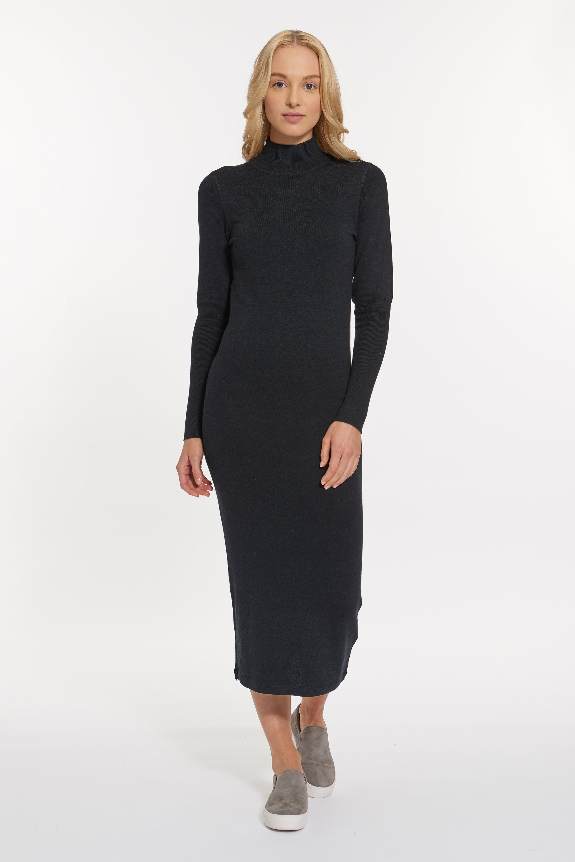 Black Heather Cashmere Chelsea Mock Dress, var-31336867397690,var-31336867430458,var-31336867463226,var-31336867495994,var-31336867528762